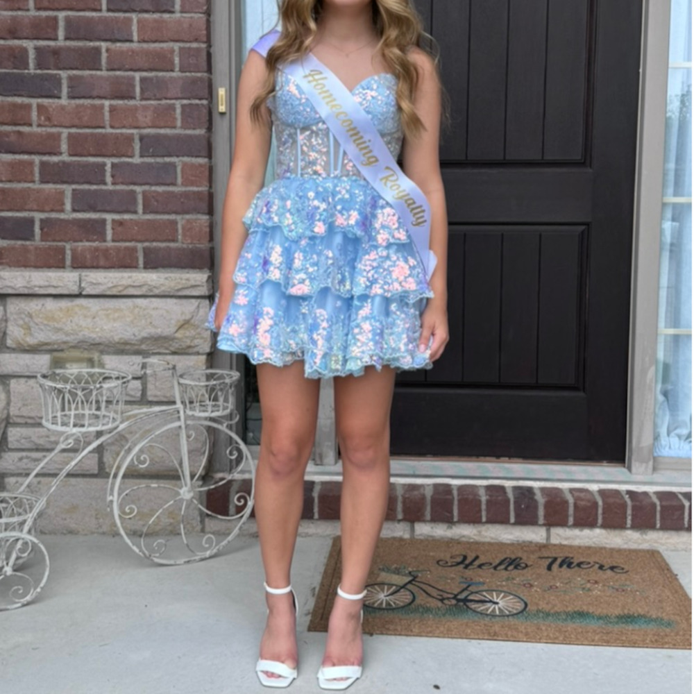 Ed Young A-Line Sweetheart Tiered Short Dress S Light Blue Sequin Lace Corset